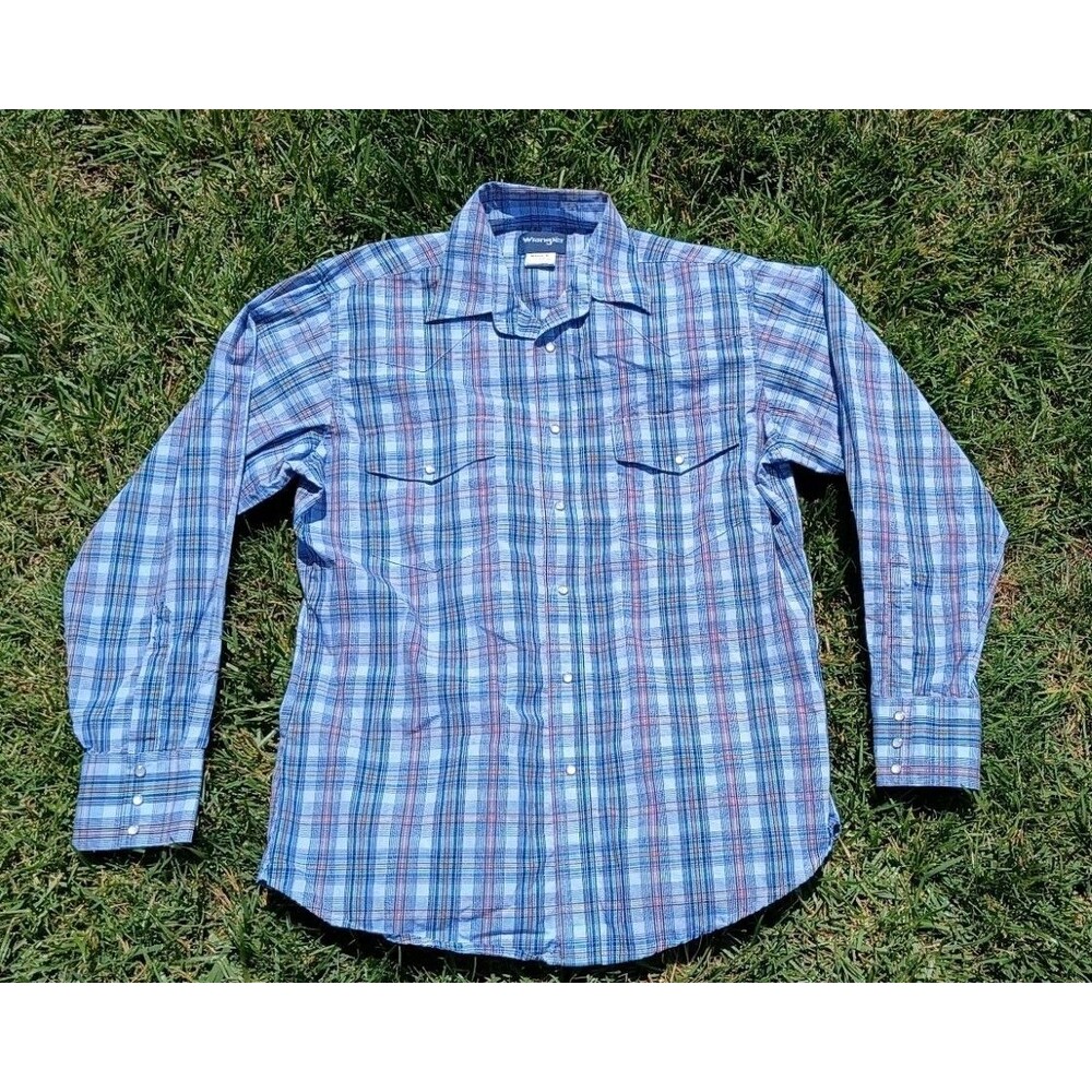 Wrangler Western Pearl Snap Shirt NWOT Large Blue Plaid Cowboy Rodeo Ranchcore